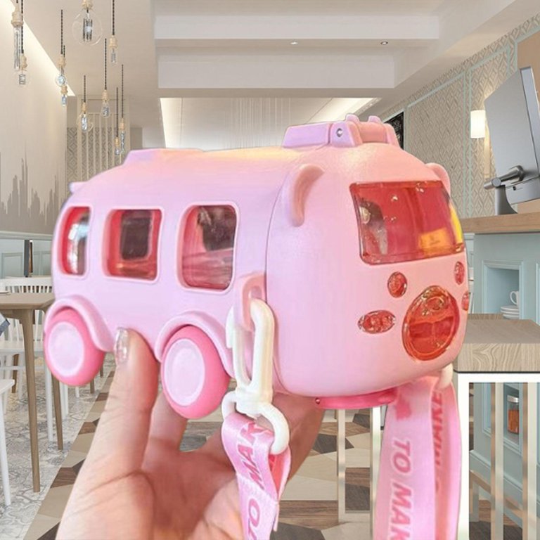 17oz Cute Cartoon Bus Water Bottle With Straw - Removable Toy, Adjustable Shoulder Strap, Leak-Proof (Pink) 3 thumbnail image