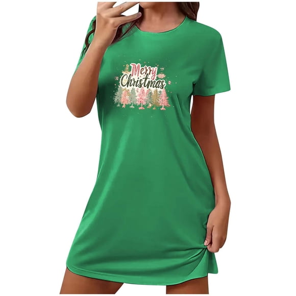 Camisón corto navideño para mujer, talla grande, con cuello redondo estampado y mangas cortas, para el pecho.