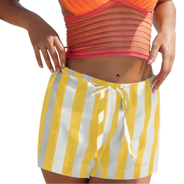 Olyvenn Short Boxeur à Cordon Rayé pour Femmes Taille Basse Jambe Grand Short Décontracté Bas de Pyjama Short de Détente Pj Jaune P