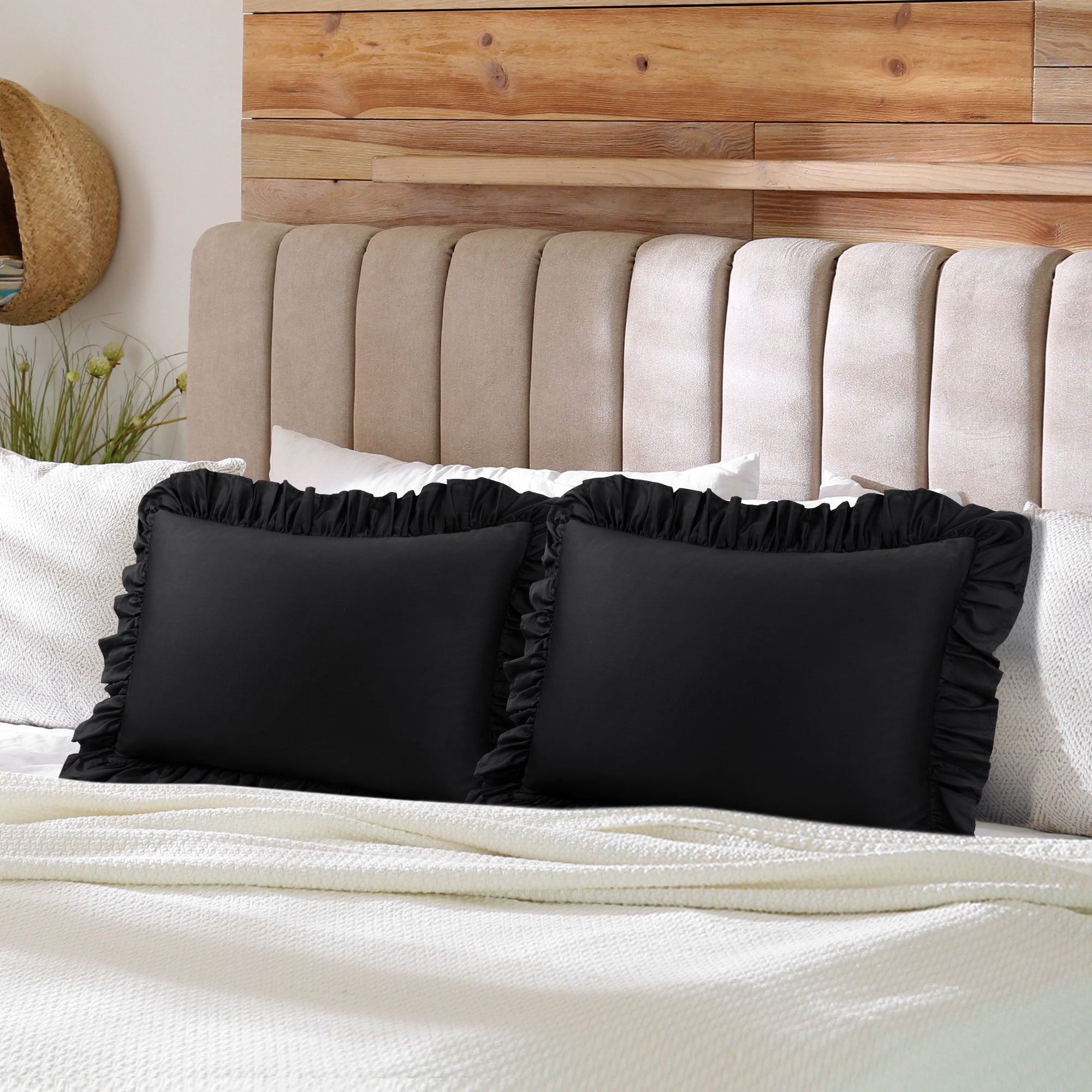 Unique Bargains 2 Pcs 100% Cotton Envelope Closure Ruffled Pillowcases Black Standard