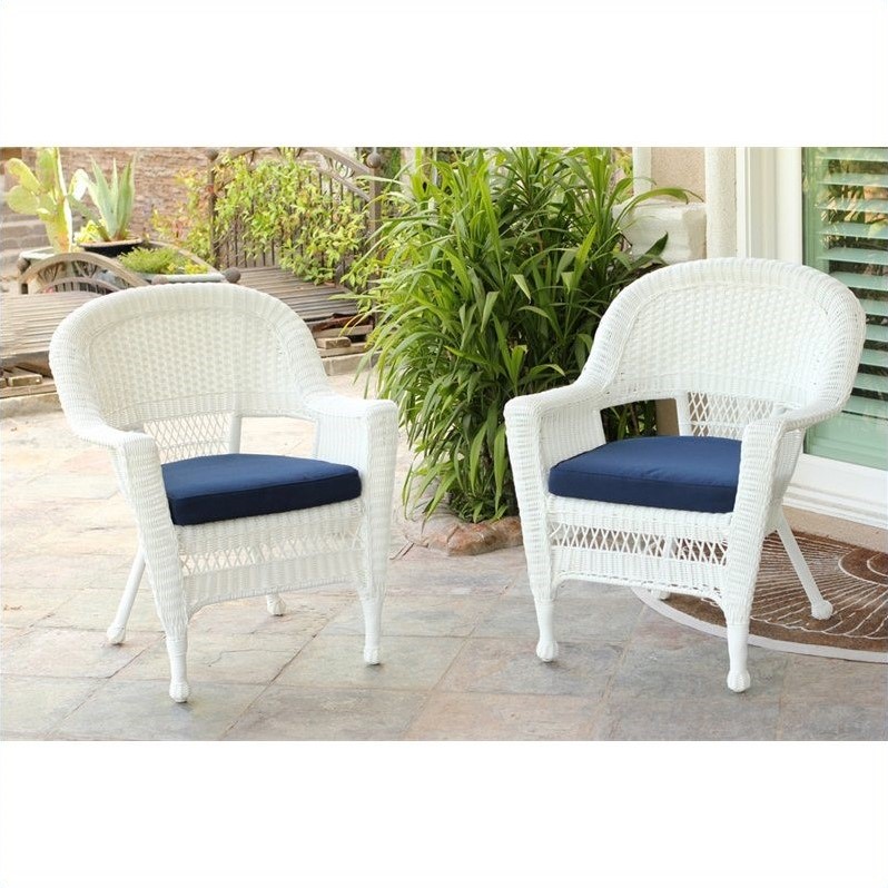 Jeco Wicker Chair in White with Tan Cushion (Set of 2)