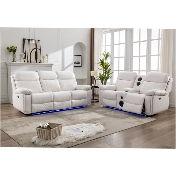 JERFIT White Faux Leather 5-Seat Power Reclining Sofa with LED Lights, Bluetooth Speaker, USB Chargers & Drop-Down Table for Home Theater