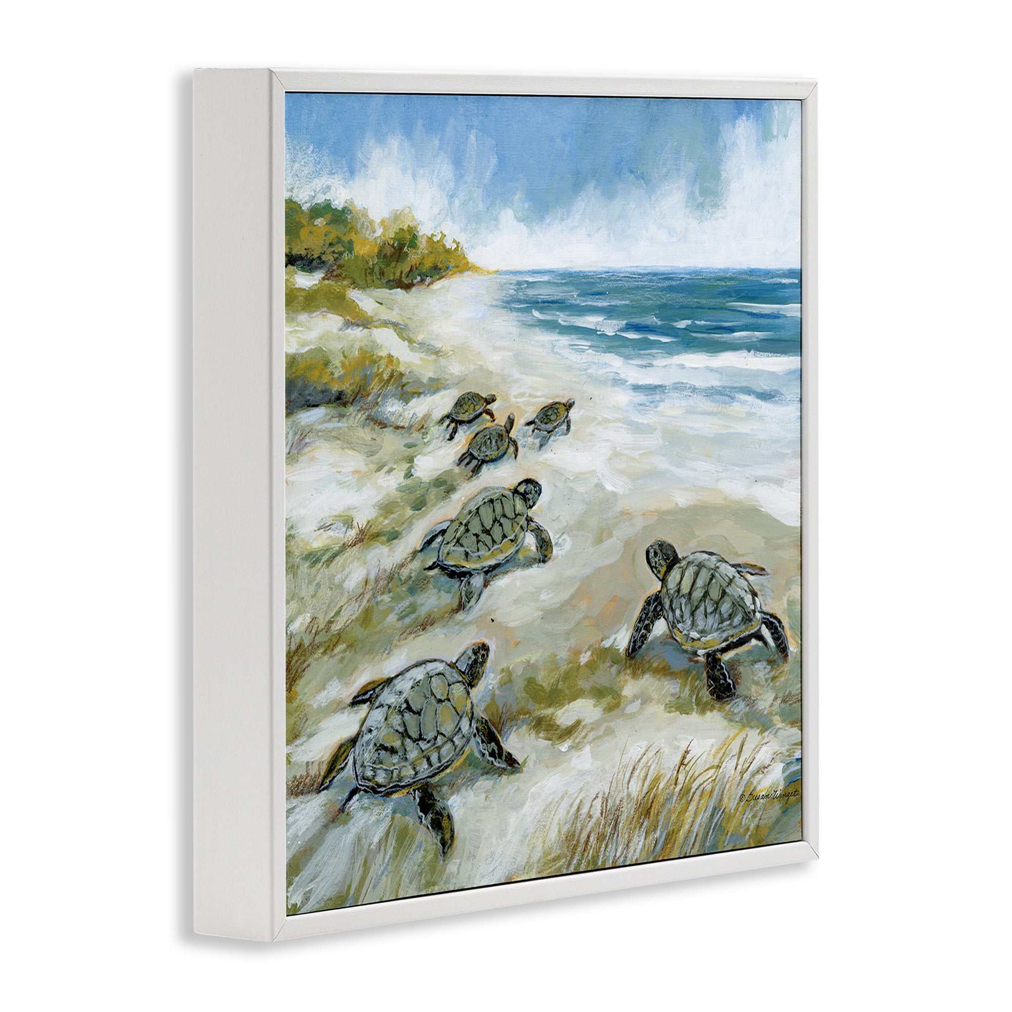 Stupell Industries Baby Sea Turtles on Beach White Framed Giclee Art, design by Susan Winget
