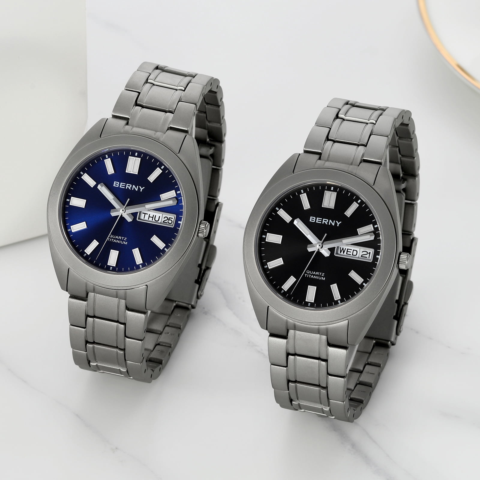 BERNY Titanium Watch for Men, Sport Men's Field Watch, Military Analog Quartz Watch with Date, Japanese Quartz Movement, Super Luminous, 10ATM Waterproof Army Wristwatch, Blue