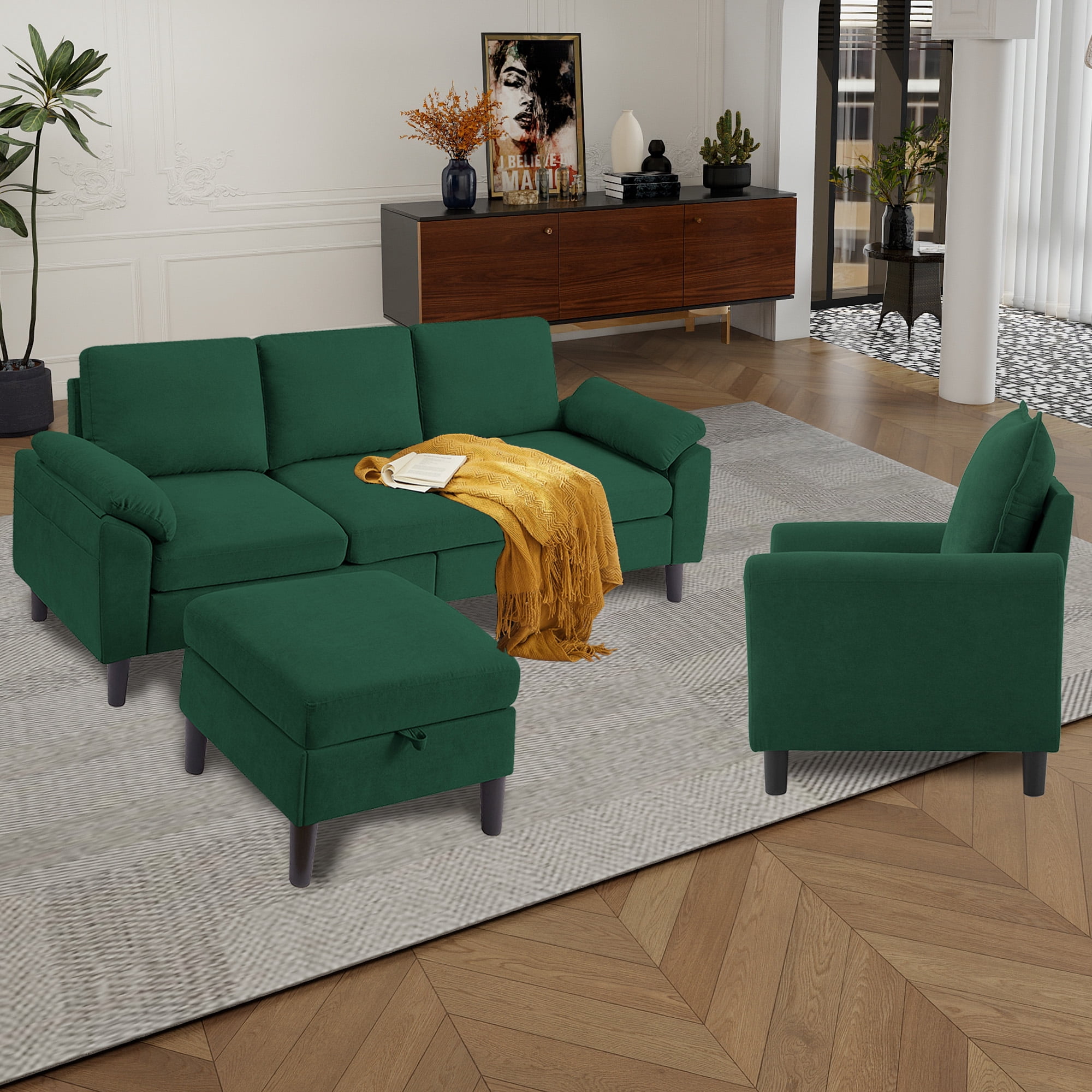 79" Convertible Sectional Sofa Set, Small L Shaped 3-Seat Couch with Reversible Chaise and Accent Chair, Modern Linen Sofas Couches for Living Room, Black