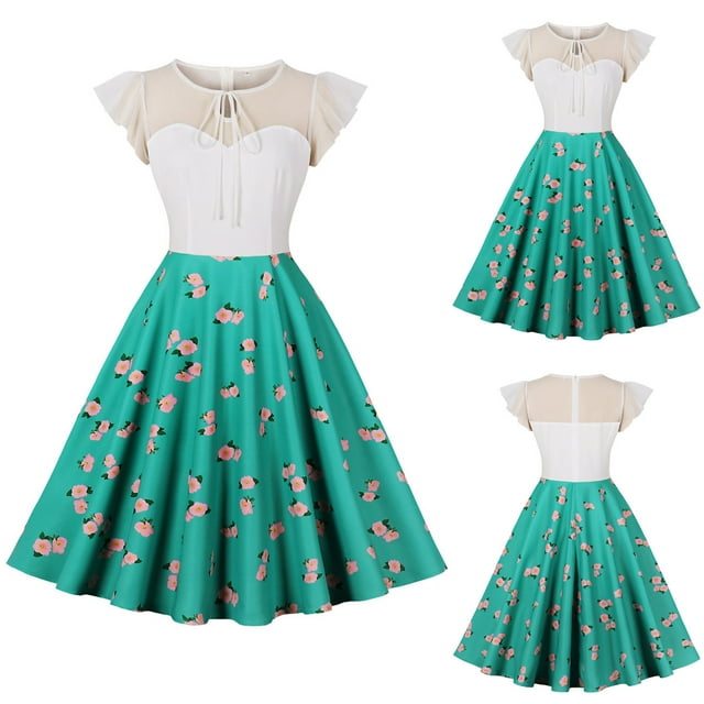 Fankiway Robe Cocktail Rétro Taille Haute à Manches Courtes et Col Rond pour Femmes Courbes Robes de Printemps pour Femmes 3159