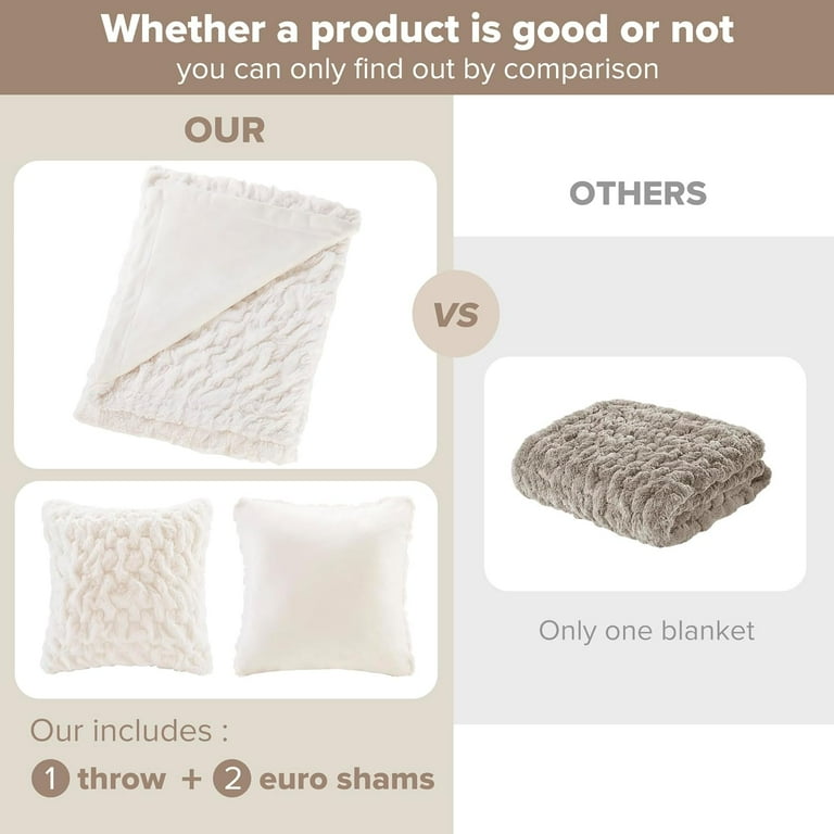 Comfort spaces ruched faux fur plush 3 piece throw blanket set ultra soft fluffy with 2 square pillow covers hotsell