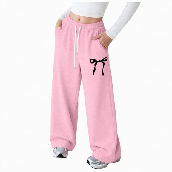 NIEWTR Girls Wide Leg Casual Joggers Loose Fit Lounge Sweatpants Elastic Waist Drawstring with Pockets Comfortable Spring Pants（A01-Pink,13-14 Years)