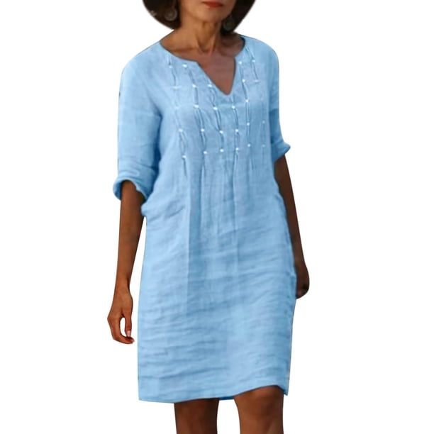 Vestido plisado con abalorios para mujer: cuello en V, color liso retro, poliéster, vestido informal para todas las estaciones, tallas S-XXXL