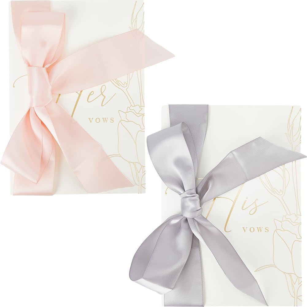 2Pcs Wedding Vows Cards with Ribbons Gold Foil Folded His and Hers Vow Books Flower Pattern Elegant Envelopes Wedding Gift Registry Ideas for Bride and Groom White 7.91x5.59inch for DIY