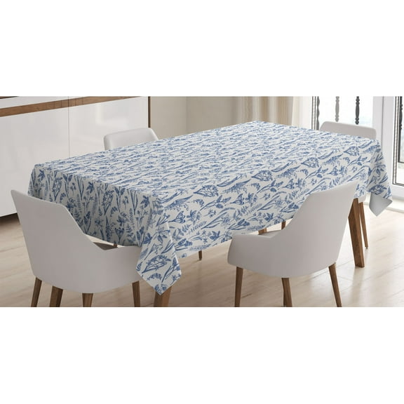 Floral Tablecloth, Spring Flowers and Herbs Narcissus Lily Hellebore Snowdrop Crocus Print, Rectangle Satin Table Cover Accent for Dining Room and Kitchen, 60" X 84", Dark Blue and White, by Ambesonne