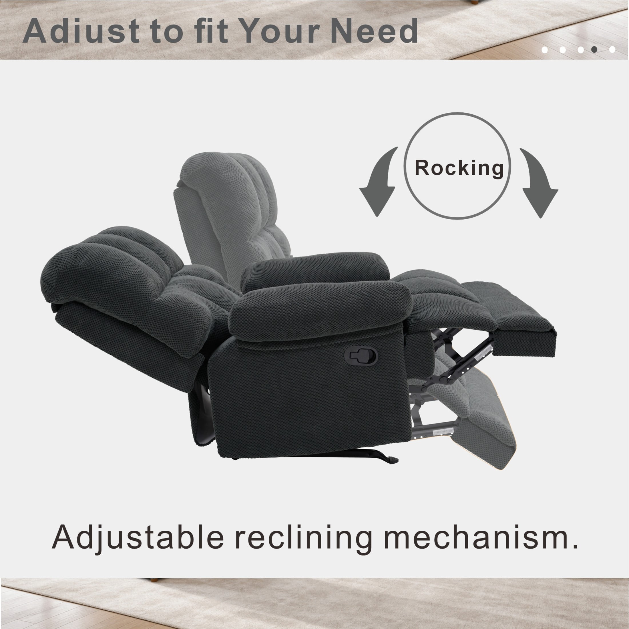 Noble House Modern Manual Rocker Recliner Chair with Nubby Upholstery Fabric, Padded Arms, Dark Gray