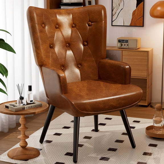 Tufted Accent Chair With Metal Legs, Mid-Century Modern Brown PU Leather Armchair, 1 Pc