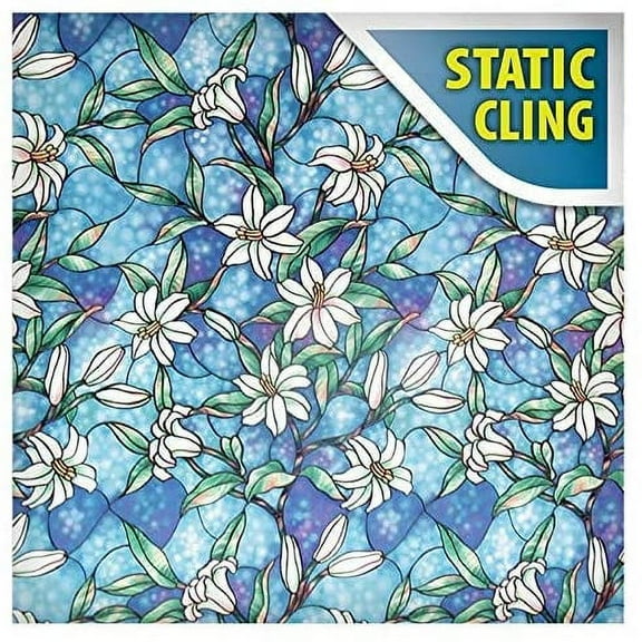 BDF 1CGB Floral Stained Glass Non-Adhesive Static Cling Window Film 36in X 14ft