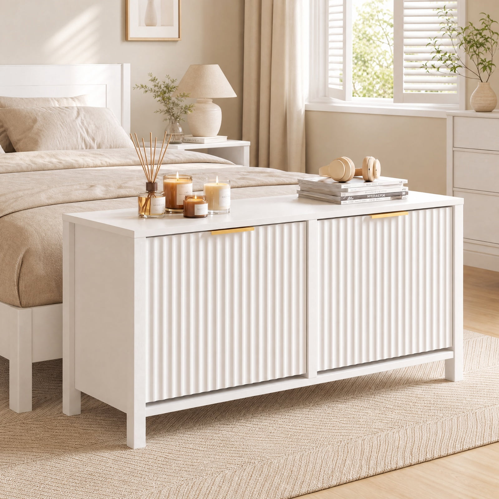 Furnibear Shoe Storage Bench Narrow Wooden Entryway Bench with 2 Flip Drawers and Adjustable Shelves for Hallway Bedroom, White