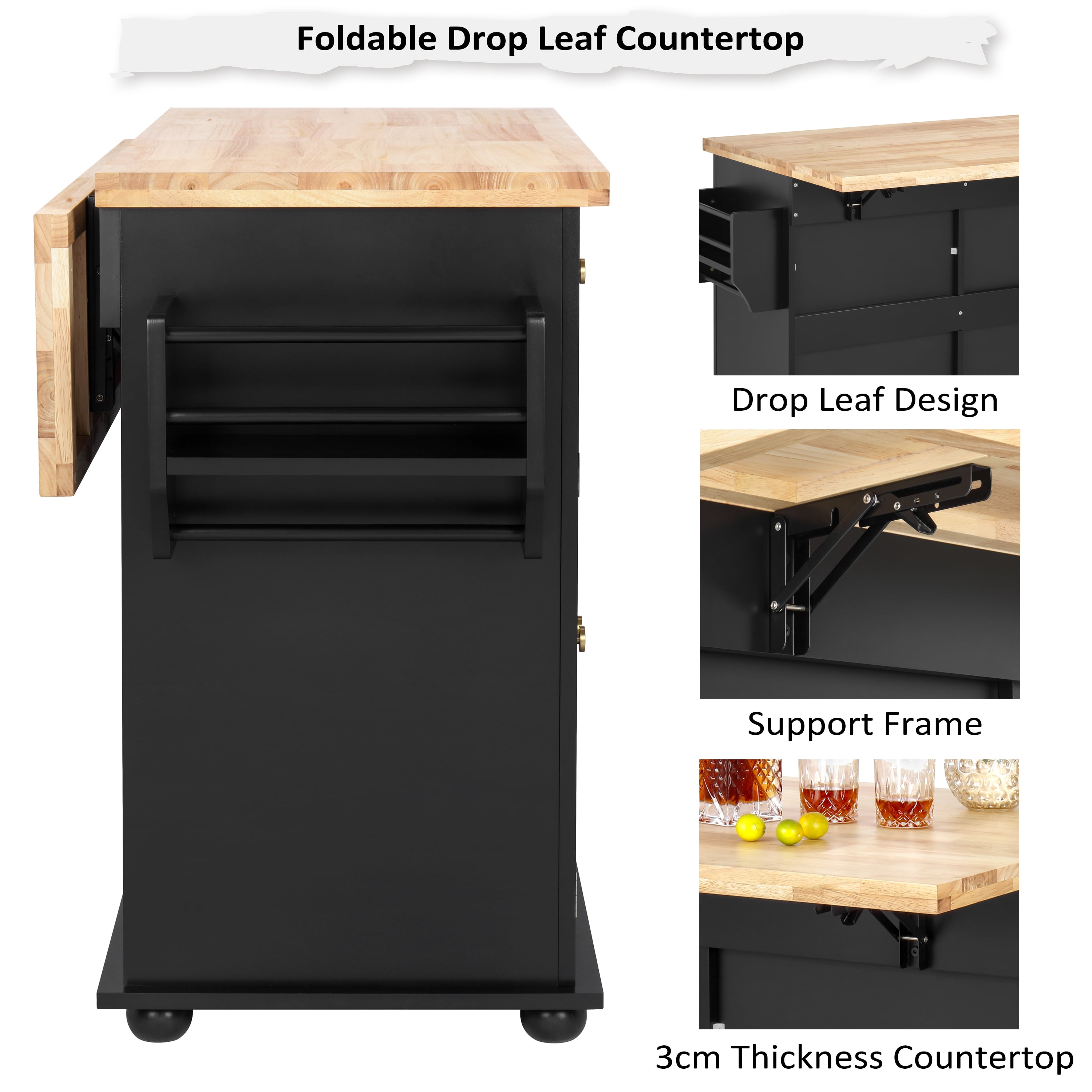 Finnhomy Rolling Kitchen Island with Drop Leaf, Thicken Rubberwood Top, Portable Mobile Carts Table, Kitchen Serving and Storage Cart