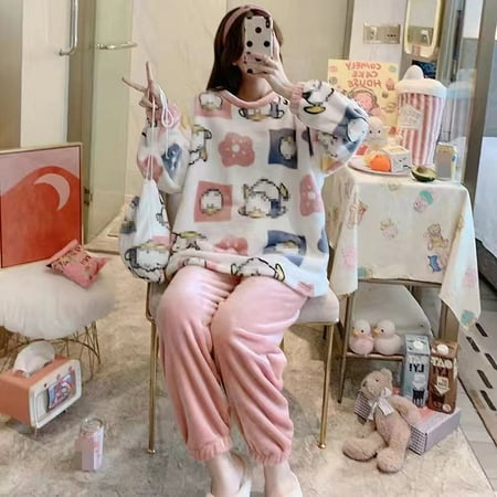 

Autumn Winter New Warm Flannel Women s Pajamas Set Long-sleeved Trousers Two-piece Set Cute Soft Home Wear Clothes for Women