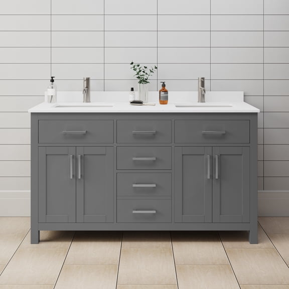 Beckett 60" Dark Gray Double Vanity & White Quartz Top (1-Hole) & Nickel Trim