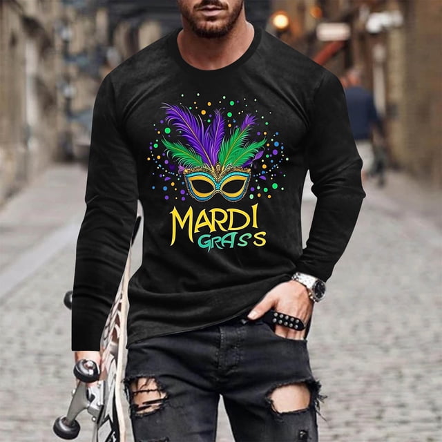 TIMIFIS Chemises à Manches Longues pour Hommes Mardi Gras Mode Décontractée Carnaval Imprimé Col Rond T-Shirt Léger Pull Tops de Fête