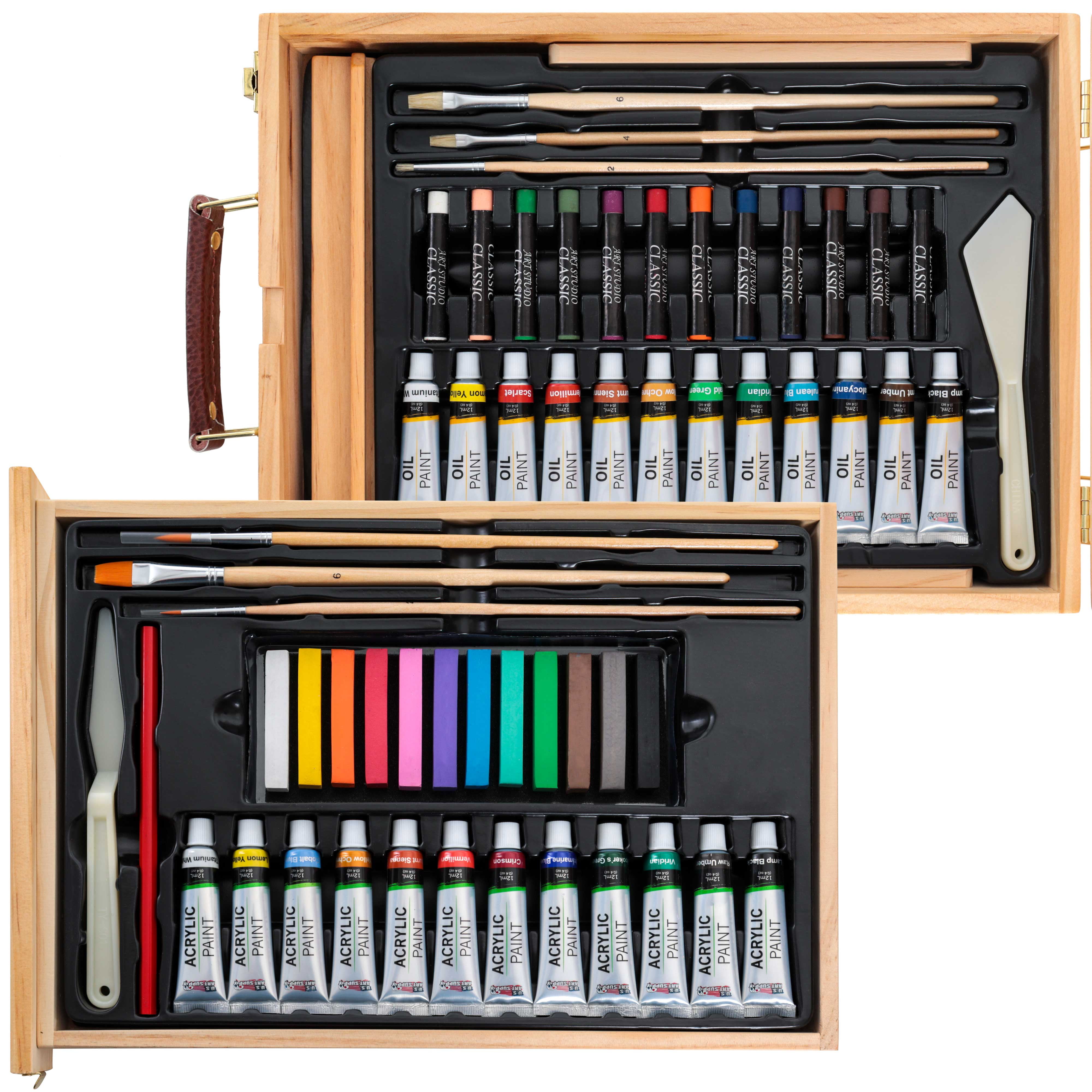 US Art Supply 19pc Oil Painting Set with Table Easel, Canvas, 12 Colors, Brushes