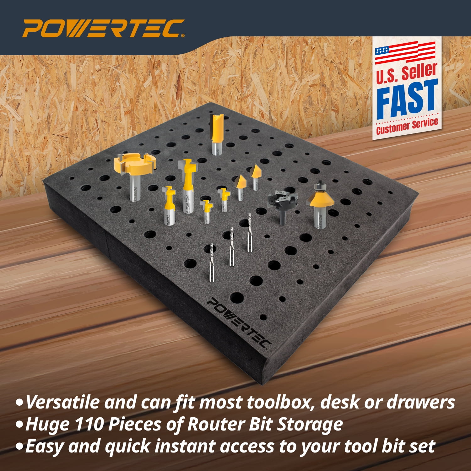 POWERTEC Router Bit Tray Organizer - Holds 110 Bits Each Tray | 50 1/2" and 60 1/4" Shank Router Bit Holder for Tool Box and Drawer Storage Solution, 2PK (71046-P2)