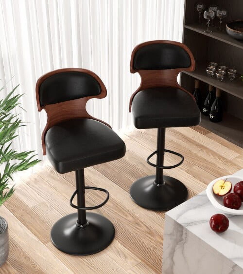 Hawsaiy Bar Stools Set of 2, Adjustable Height 24.5"-33.5", Bentwood Swivel Barstools with Back & Footrest, PU Leather Upholstered Bar Chairs for Kitchen Island, Dining Room, Home Bar