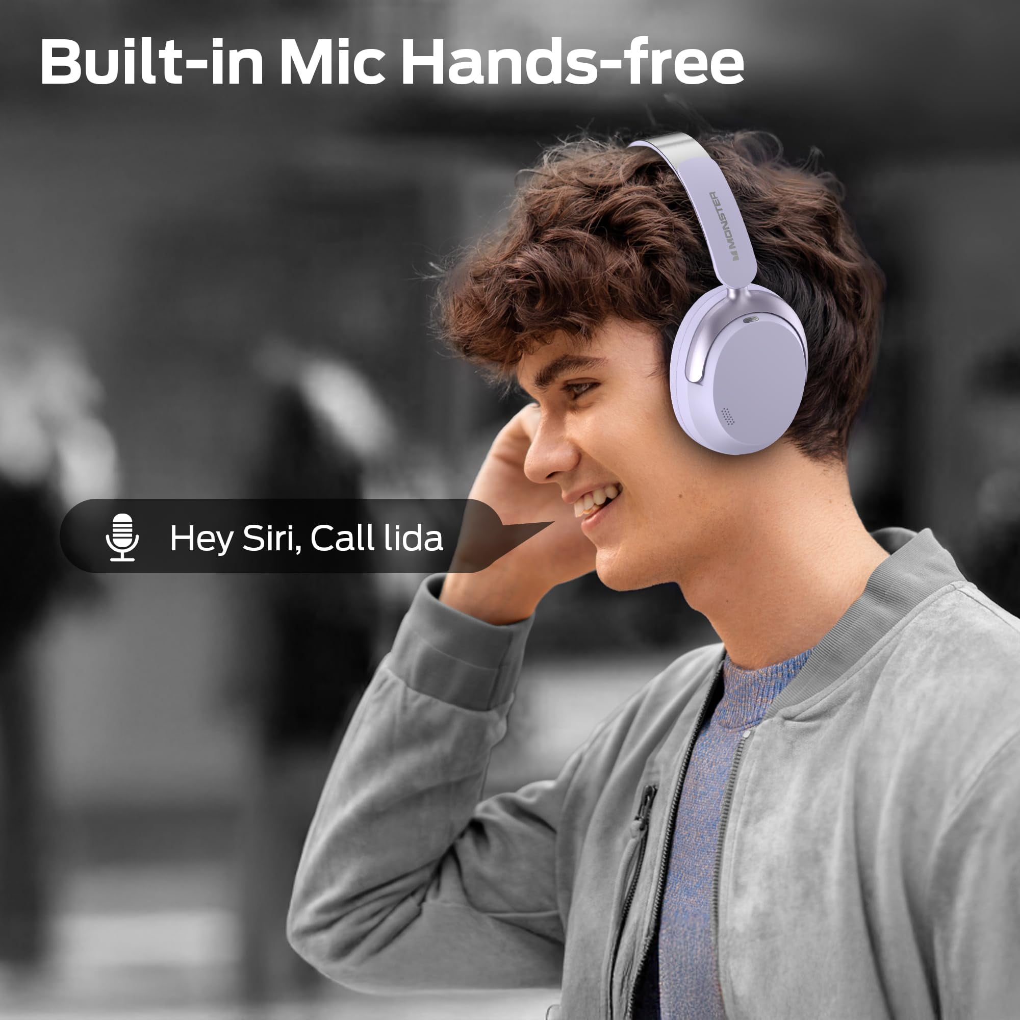 Monster Active Noise Canceling Headphones, Over-Ear Wireless Bluetooth Headphones with 6 Mics, 70H Playtime and 3 EQ Modes, Deep Bass, Foldable Comfort Design for Travel, Purple