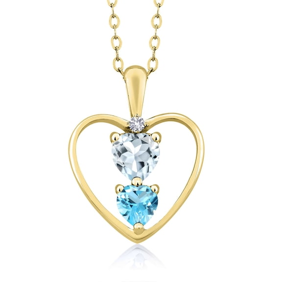 18K Yellow Gold Plated Silver Sky Blue Aquamarine Swiss Blue Topaz and White Created Sapphire Pendant Necklace for Women (0.75 Cttw, Gemstone Birthstone, Heart 5MM and 4MM, with 18 inch Silver Chain)