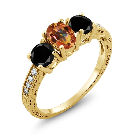 Gem Stone King 2.22 Ct Oval Ecstasy Mystic Topaz Black Diamond 18K Yellow Gold Plated Silver Moissanite Ring (Size 9)