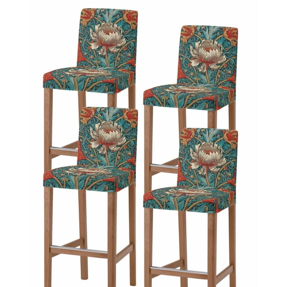 William Morris Plant Floral Bar Stool Covers Set of 4, Retro Lotus Flower Leaves Stretch Washable Bar Chair Covers with Backs, Removable Pub Counter Height Chair Cover for Kitchen Dining Room Cafe