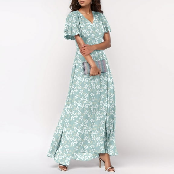 Karight Womens Chiffon Floral Long Dress Summer Ruffle Short Sleeve Maxi Dress V Neck Flowy Boho Beach Party Dresses