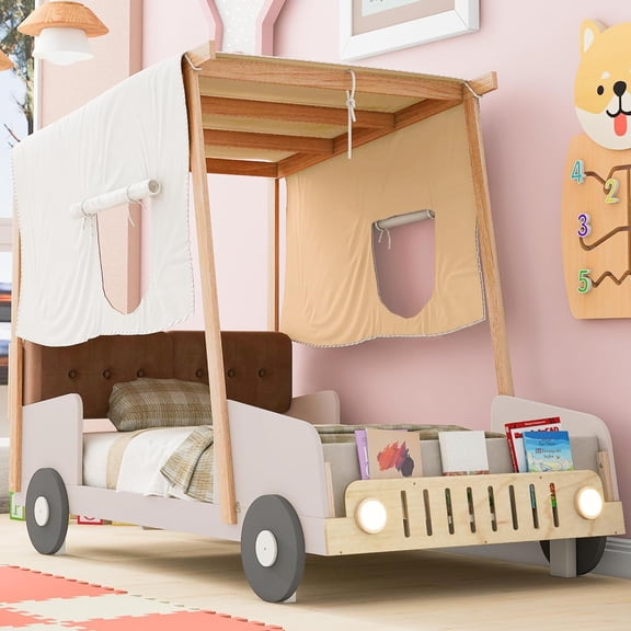 Historyli Retro Car-Shape Bed Frame,Platform Bed with LED Lights Ceiling Cloth Upholstered Headboard No Spring Box Needed,Natural color S