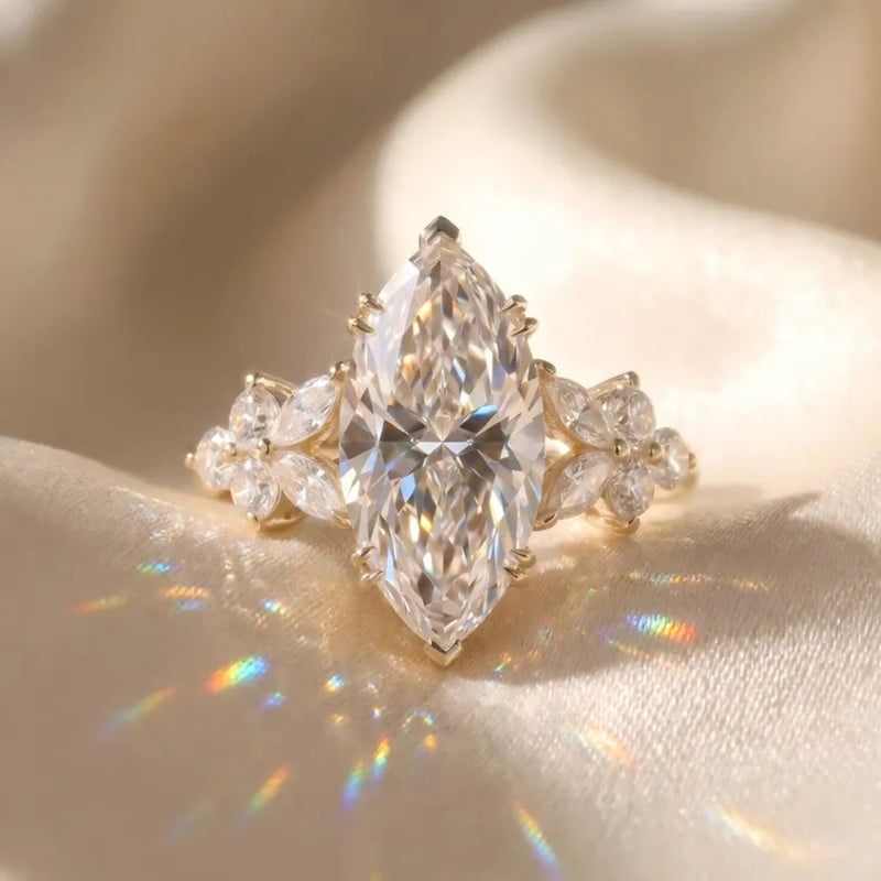 2 CT Marquise Cut Diamond Engagement Ring in 14K Yellow Gold Vermeil, Floral Side Stone Solitaire Ring, Bridal Promise Ring for Women