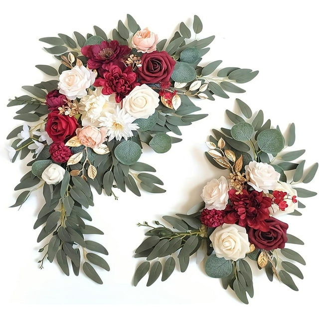 HUGFEGWE Wedding Arch Faux Flowers Set of 2 Rose Flower Swag with Green Leaves Wedding Welcome Signs Floral Decorations Kit for Wedding Reception Backdrop Table Decorations (D) CJ25311-1330