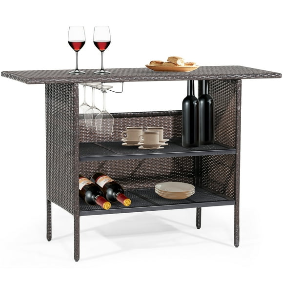 Costway Table de Comptoir de Patio en Rotin Osier Hauteur Bar Étagère de Rangement Rail Jardin