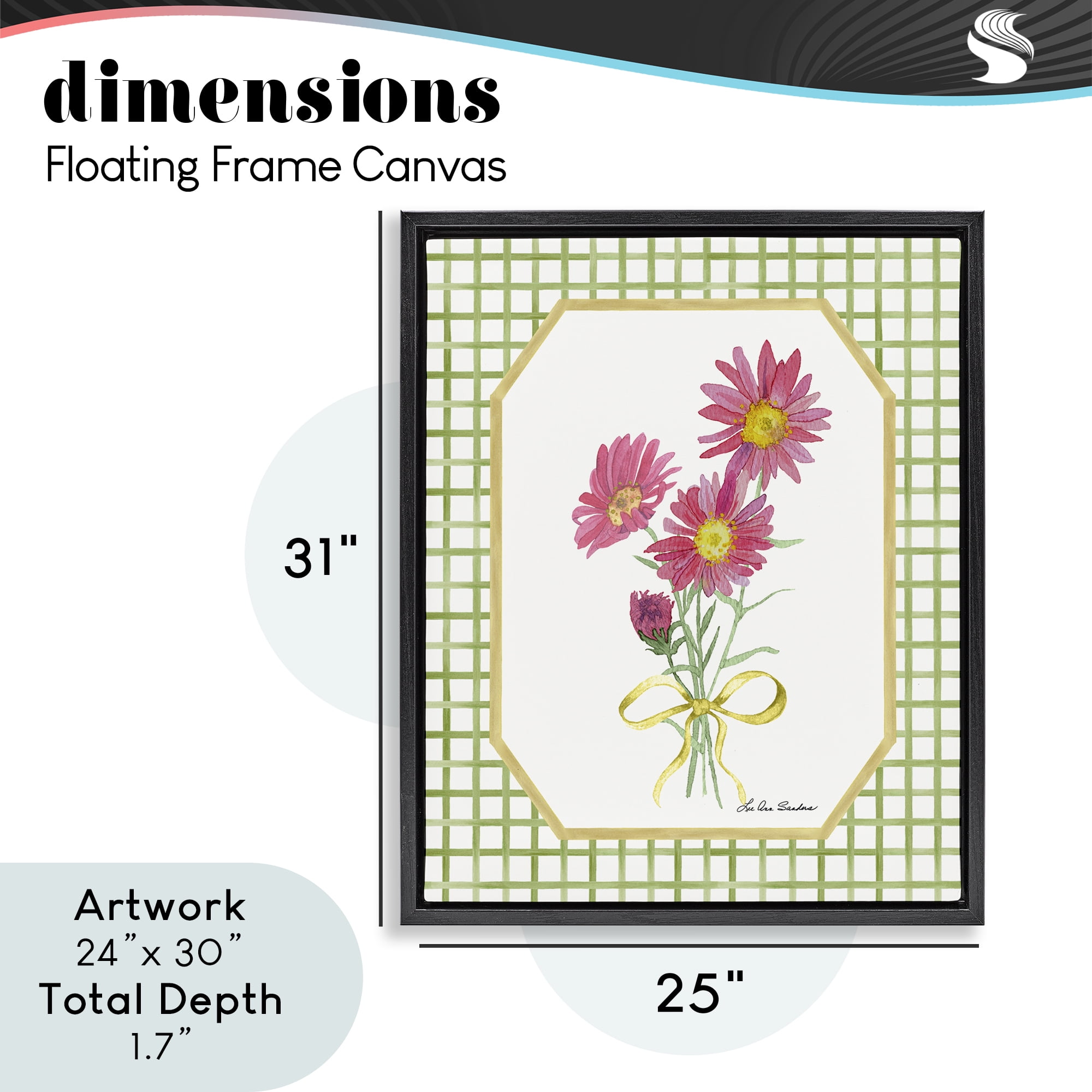 Botanical Story on Gingham Black Framed Floater Canvas Wall Art, design by Lee Ann Sanders