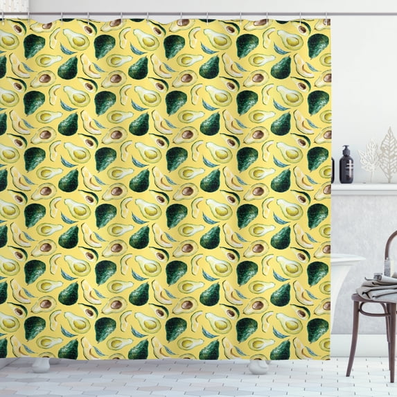 Avocado Shower Curtain, Watercolor Art Effect Background Pattern with Pieces of Summer Season Exotic Food, Fabric Bathroom Set with Hooks, 69W X 84L Inches Extra Long, Multicolor, by Ambesonne