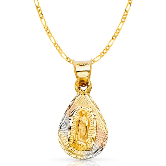 14K Tri Color Gold Diamond Cut Our Lady of Guadalupe Stamp Charm Pendant with 1.6mm Figaro 3 1 Chain Necklace