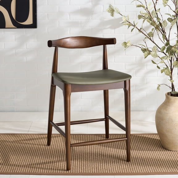 Safavieh Elbow Modern Mid Back Wood and Pvc Stools, Olive/Espresso