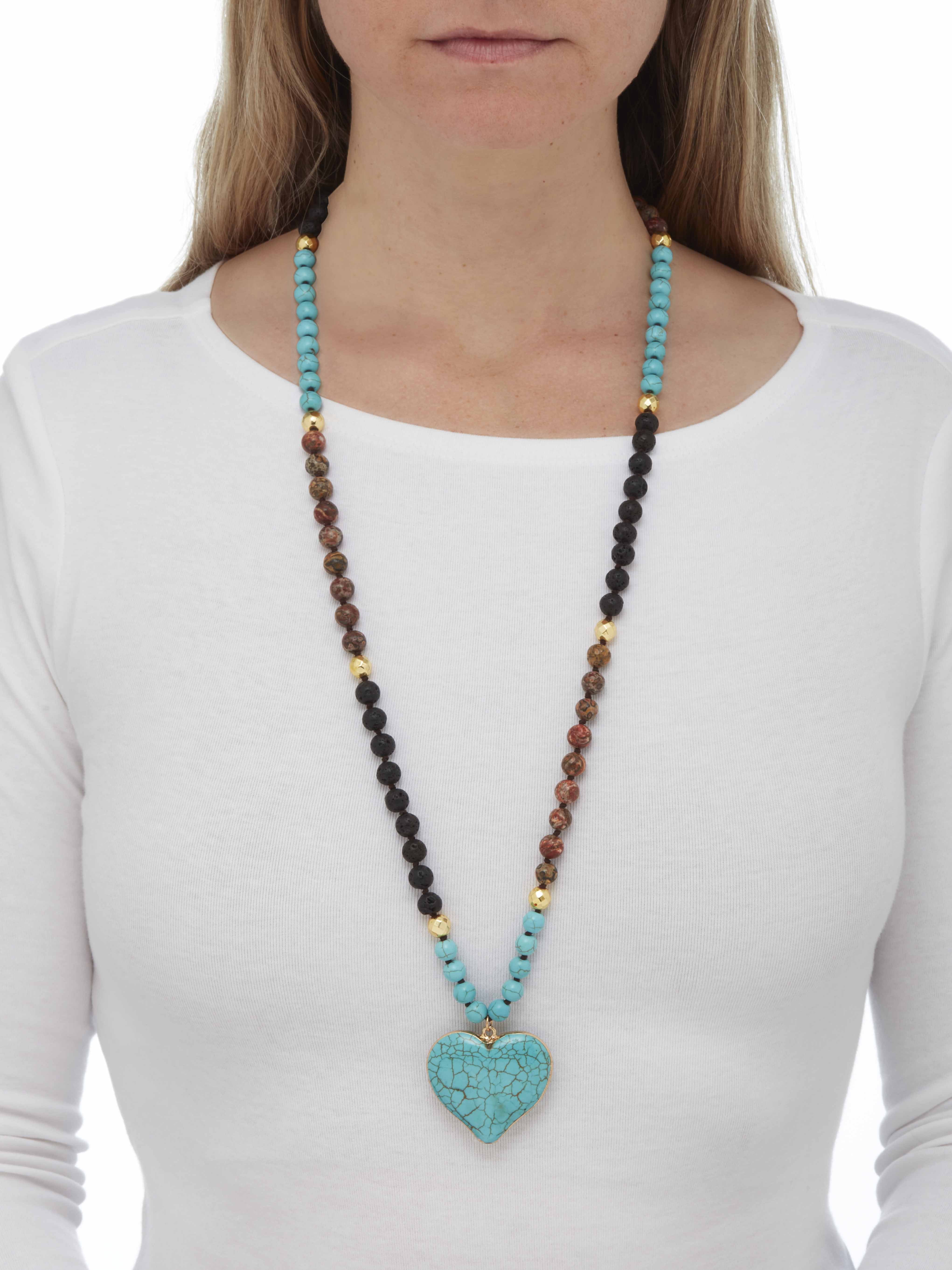 PalmBeach Jewelry Genuine Turquoise Jasper and Lava Stone Beaded Heart Pendant Necklace 34 Inch