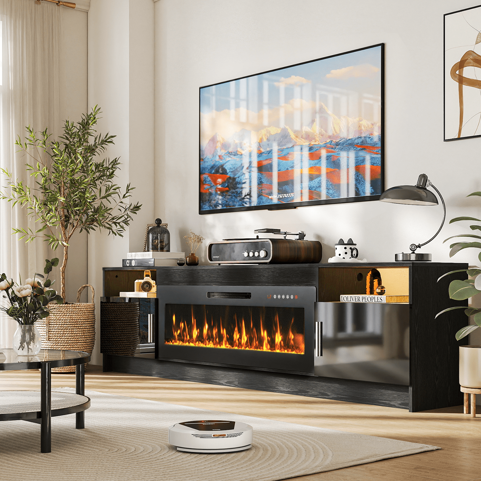 Flictozena 80" TV Stand with Fireplace and LED Lights - Entertainment Center for 90 inch TVs, Modern TV Cabinet with High-Gloss Storage Doors for Living Room