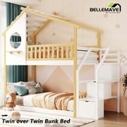 Bellemave Twin over Twin Bunk Beds with Storage Stairs,Guardrail, Window and Roof, Twin Bunk Bed House Bunk Bed/Low Bunk Bed(Natural)