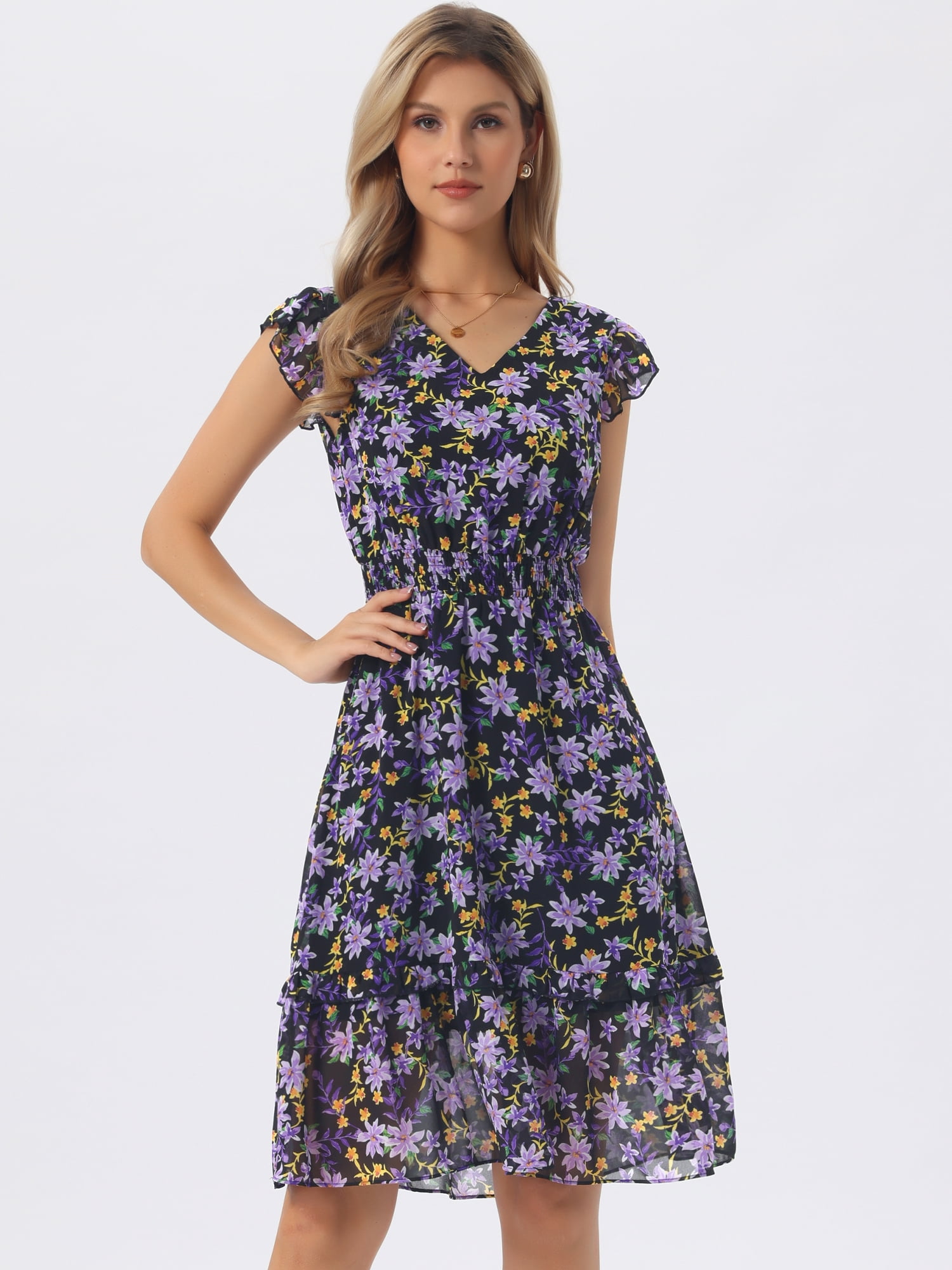 DARING DIVA Women's Floral Summer V Neck Flutter Sleeve Ruffle Dress M Purple Black