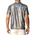 thumbnail image 3 of INSPIRE CHIC Metallic Polo Shirt for Men's Short Sleeves Shiny Disco Nightclub Party Collared T-Shirt M Silver, 3 of 6