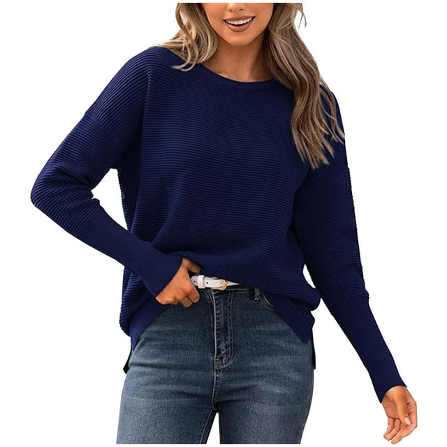 Swstbby Soldes d'Automne! Hauts d'Automne pour Femmes Grande Taille, Mode Chandail Tricoté à Manches Longues Col Rond Marine TTG