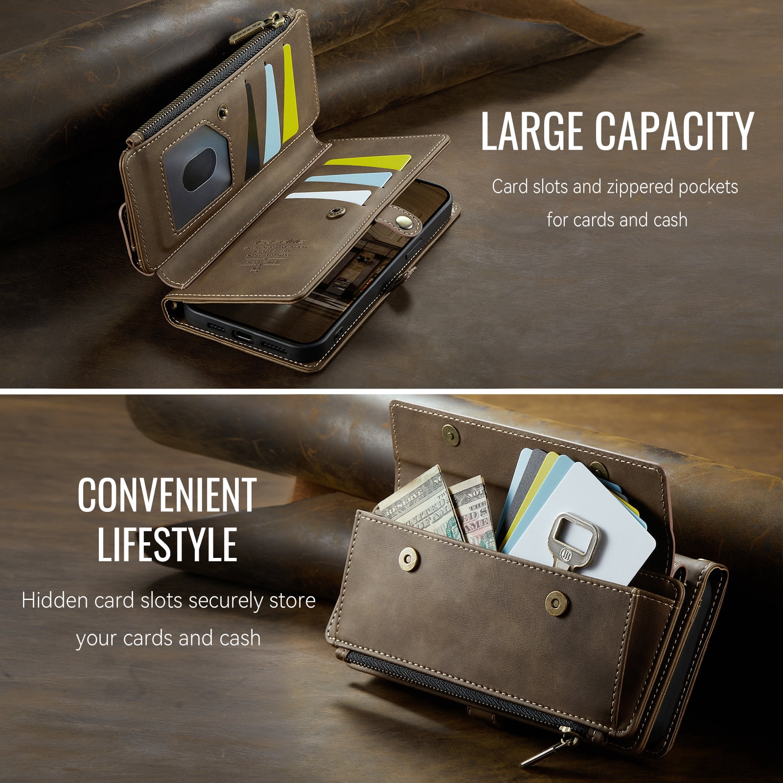 Compatible with iPhone 13 Wallet Case, Women Men RFID Blocking PU Leather Flip Cover Zipper Pocket Card Slots Phone Case for iPhone 13, Wrist Strap & Crossbody Strap, Coffee