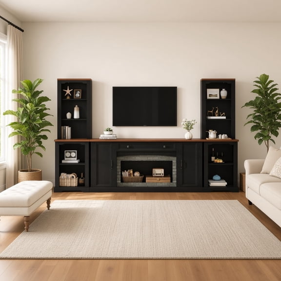 3-Piece TV Stand Set for 70" TV, Farmhouse Entertainment Center w/ Bookshelves & Drawer, Media Console, Black