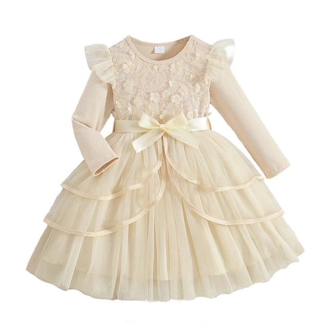 Nmnitkp Robe en Tulle pour Filles Tout-Petits Été Manches à Volants Robe Tutu Princesse Fête Décontractée à Étages 3-9 Ans