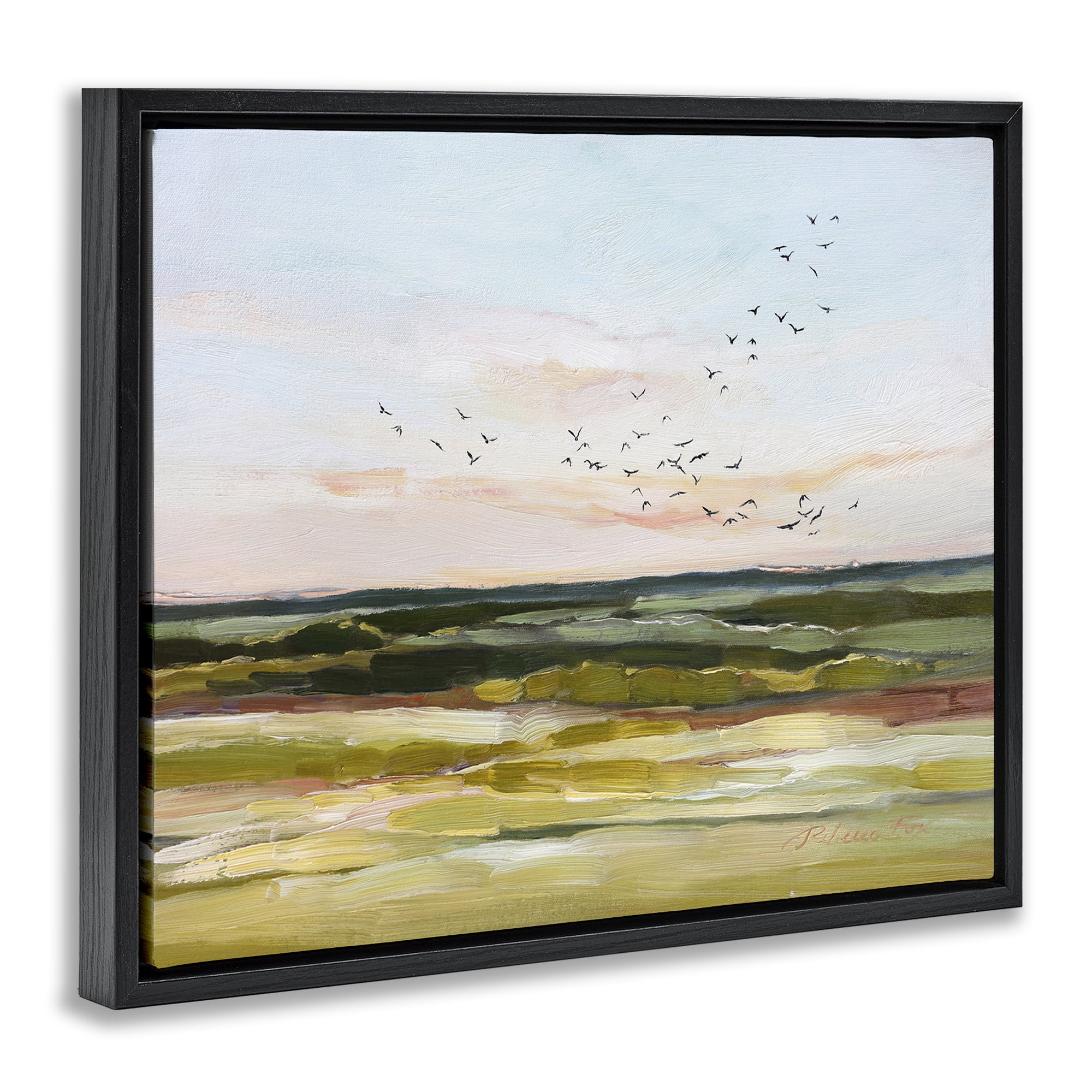 Stupell Industries Bird Flock over Grassland Landscape & Nature Painting Black Floater Framed Canvas Art Print Wall Art, 21 x 17