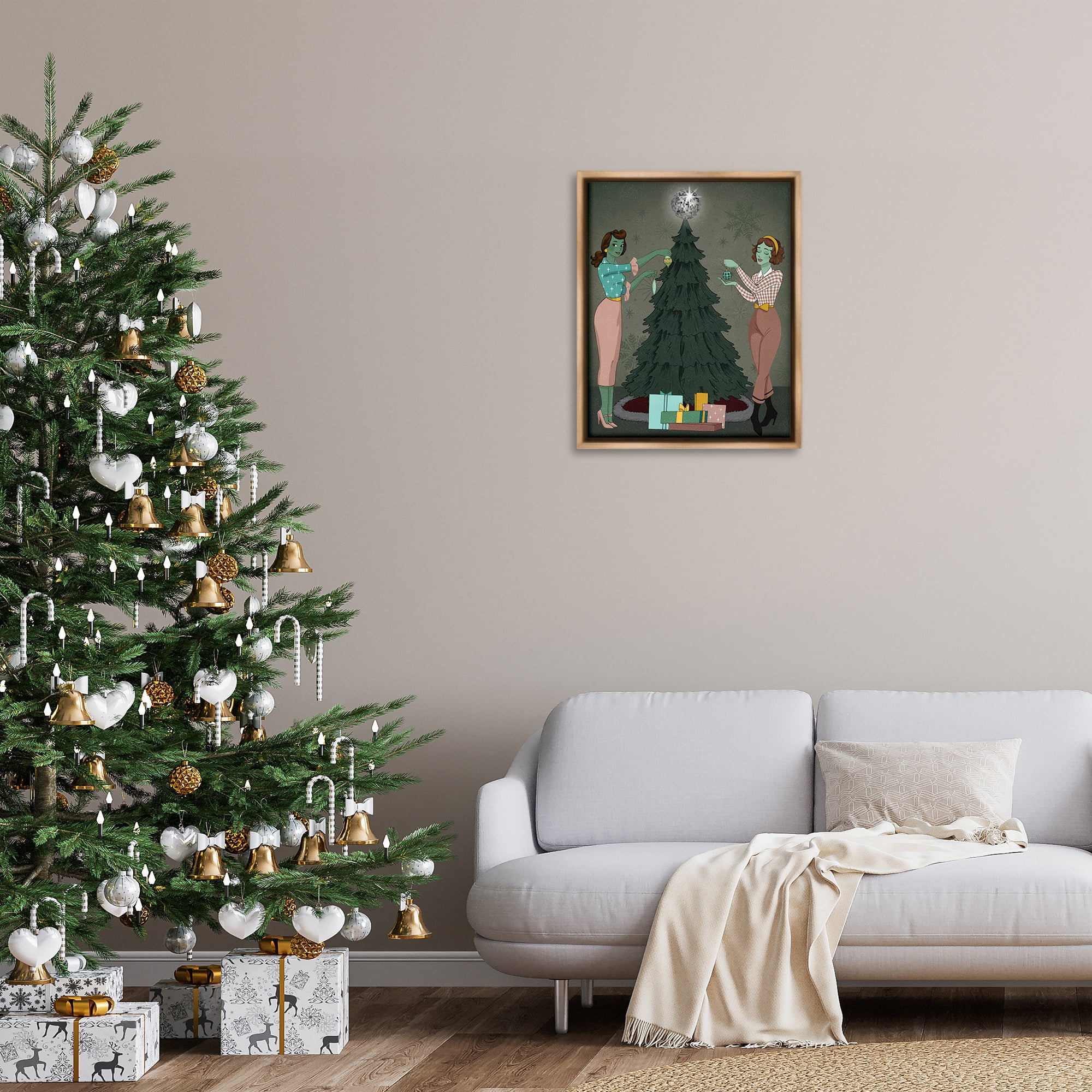 Stupell Industries Girls & Christmas Tree Holiday Painting Brown Floater Framed Art Print Wall Art, 25 x 31